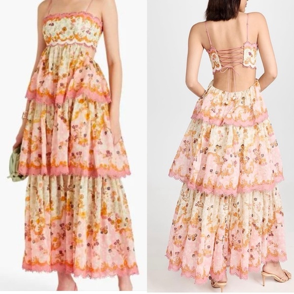 RARE Zimmermann Laurel Lace Up Floral Pink Frill Maxi Dress Size AU3/L - Picture 2 of 12